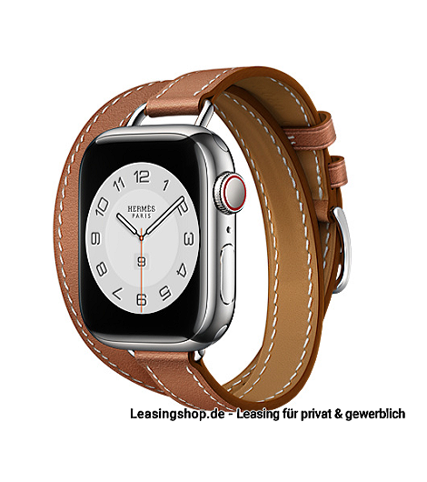 Apple Watch Hermes Series 7 GPS + Cellular leasen, 41 mm  Edelstahlgehäuse Silber, Attelage Double Tour Swift-Lederarmband Gold